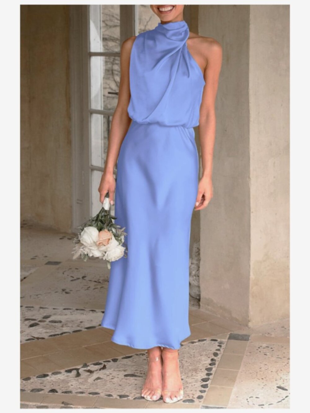PrettyGarden Light Blue Satin Halter Midi Dress XXL - Picture 2 of 11